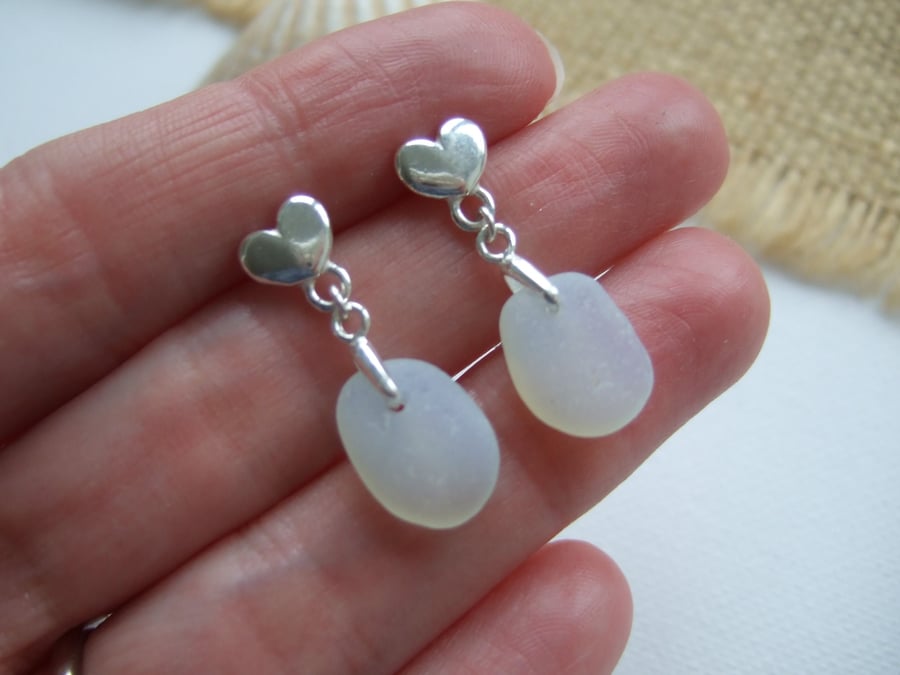 Seaham Sea Glass Opalescent Earrings, Dangling Sterling Silver Heart Studs