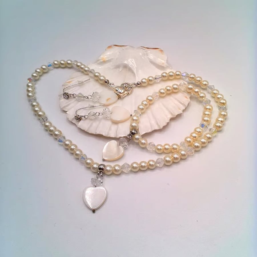 Image of Cream Pearl Necklace Bracelet and Earrings With Shell Heart Beads, Gift for Her