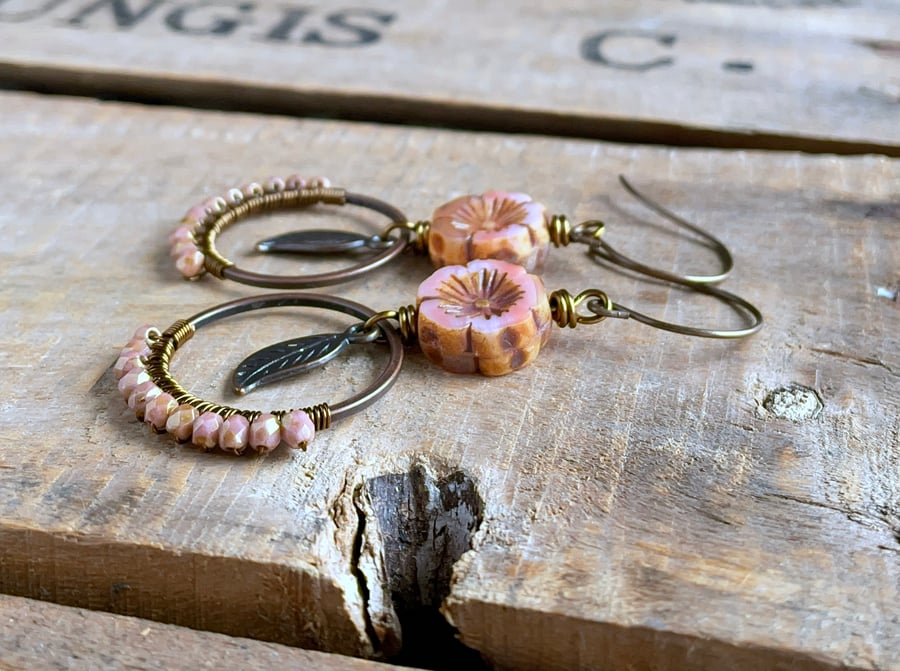 Bohemian Hoop Earrings. Flower Earrings. Coral Peach Earrings. Wire Work Earring