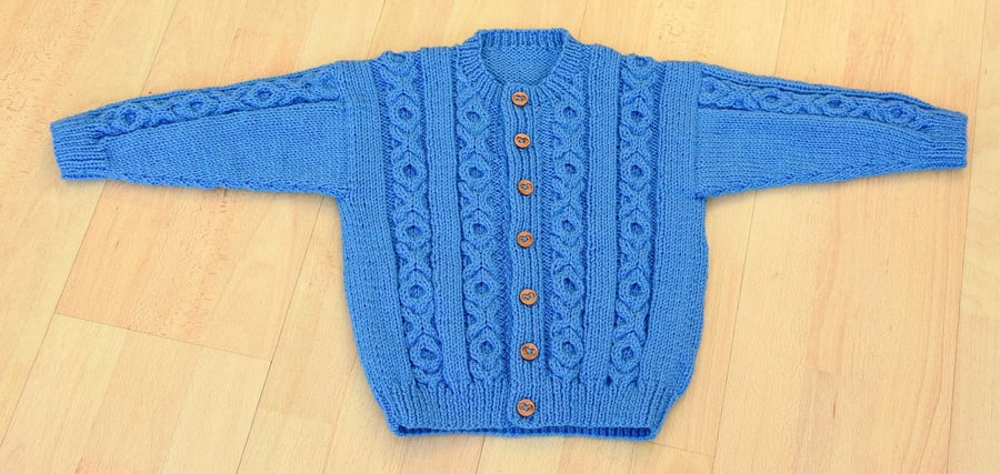 hand knitted aran style blue cardigan to fit  chest 56cms (22inches)