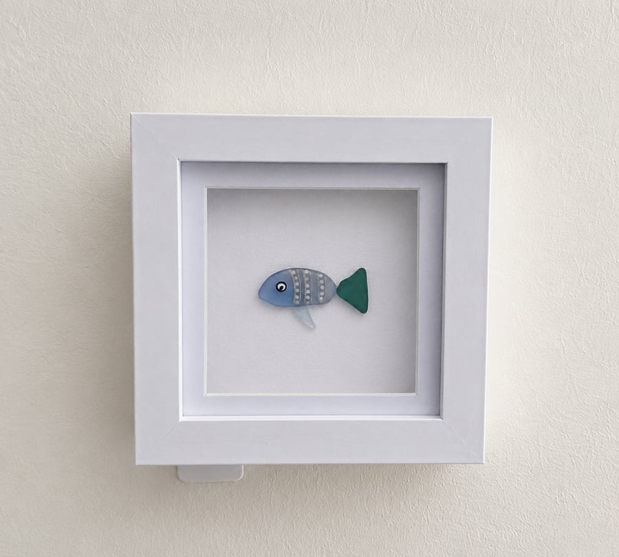 Sea Glass Fish Wall Art - Handmade 10 x 10 cm Shadow Box Frame