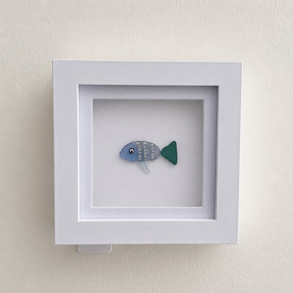 Sea Glass Fish Wall Art - Handmade 10 x 10 cm Shadow Box Frame