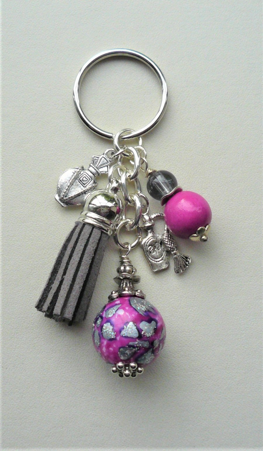 Keyring Scent Bottle Tassel Bright Pink and Grey Glass Bead Silver   KCJ1784