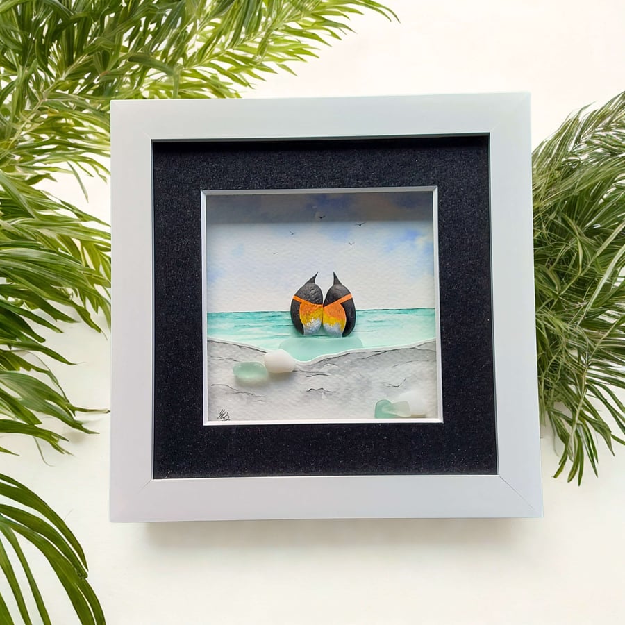 Pebble Penguin Coastal Art, Handmade Penguin Picture, One-of-a-Kind Seaside Gift