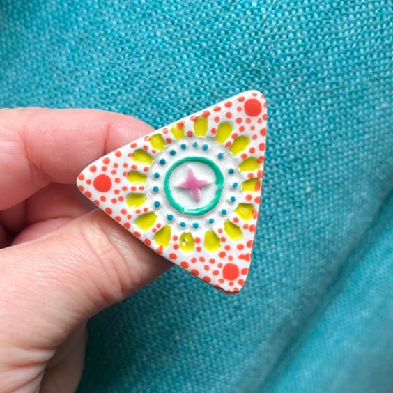 Handmade Ceramic Triangular Spring Mandala brooch, Hand Made Badge