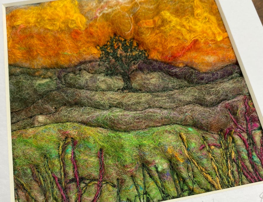 Goathland sunset landscape with tree wet felting. 