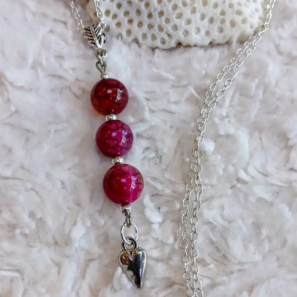 Real red DRAGON'S VEIN AGATE smooth orb beaded silvertone NECKLACE