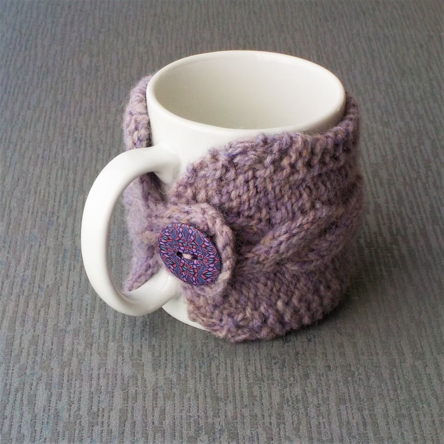 Button mug cosy handknit British wool purple lilac