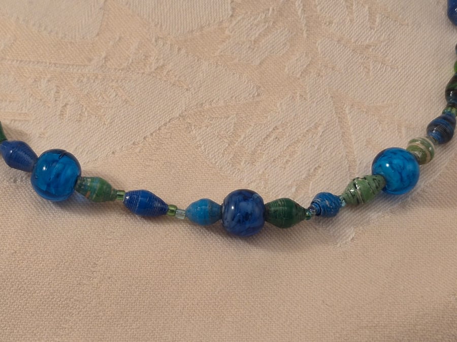 Blue & green paper and glass beaded necklace with blue accent beads