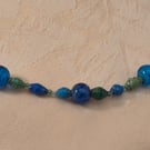 Blue & green paper and glass beaded necklace with blue accent beads