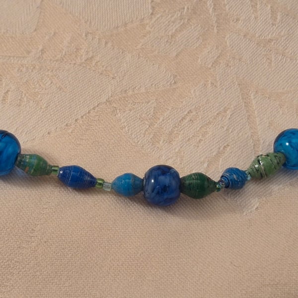 Blue & green paper and glass beaded necklace with blue accent beads