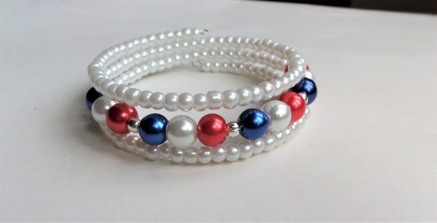 Red, white & blue glass pearl memory wire wrap bracelet