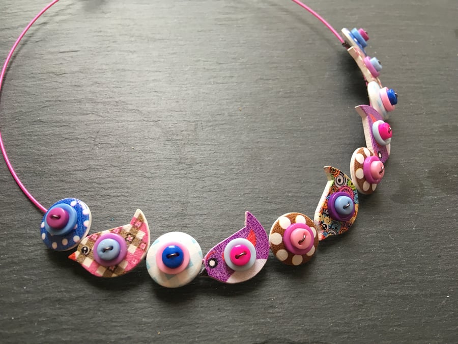 Button Necklace Pink Purple Blue Birds