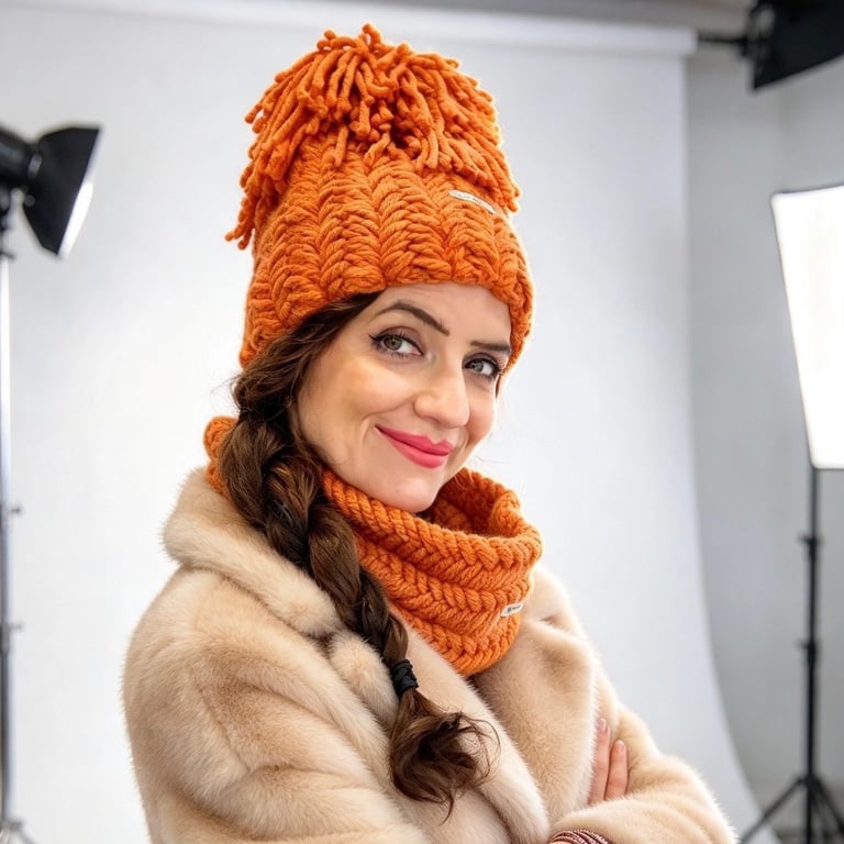 Saffron Orange Chunky Knit Hat and Scarf Set - Handmade Plaited Beanie and Scarf