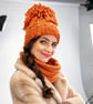 Saffron Orange Chunky Knit Hat and Scarf Set - Handmade Plaited Beanie and Scarf