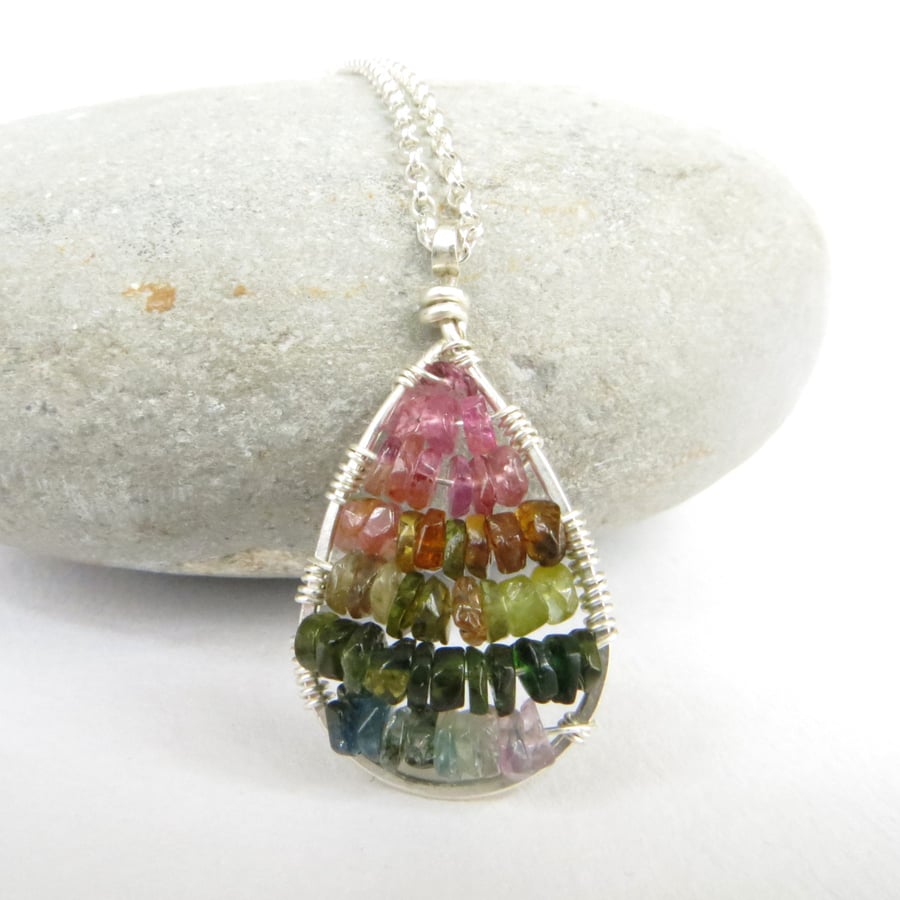 Rainbow Tourmaline Pendant, Sterling Silver Necklace with Gemstones