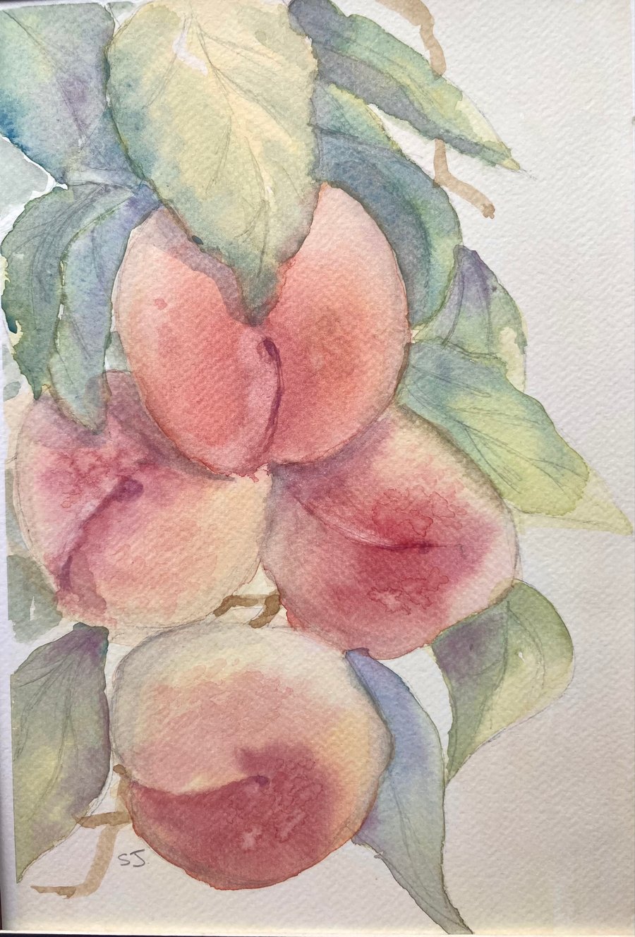 Original watercolour of a peach tree landscape of England