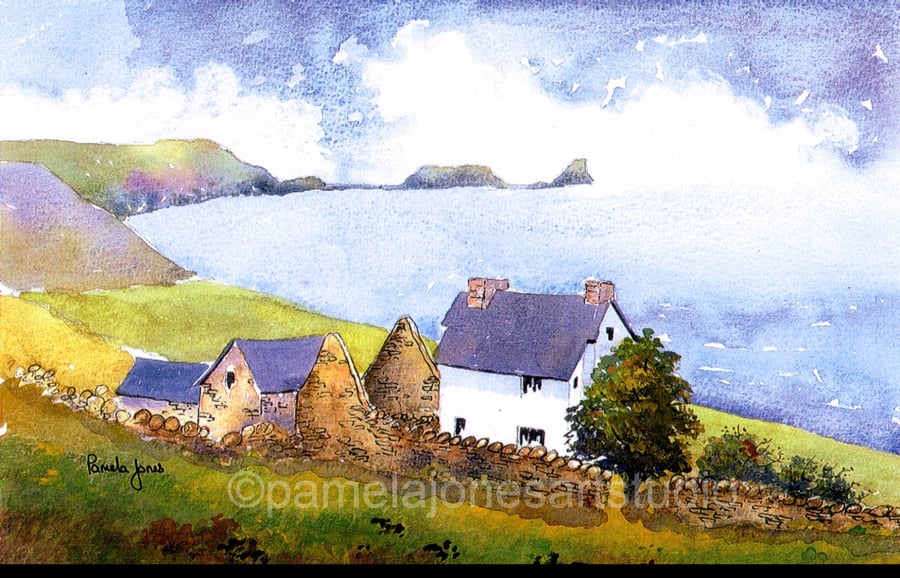 The Old Rectory, Rhossili Bay, Gower, Wales, Watercolour Print in 9 x 7 '' Mount