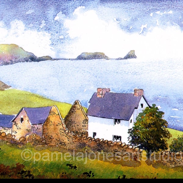 The Old Rectory, Rhossili Bay, Gower, Wales, Watercolour Print in 9 x 7 '' Mount