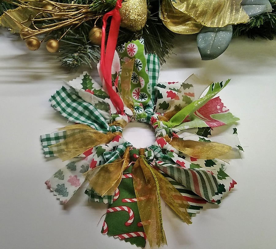 Fabric Mini wreath, green gold ribbon eco friendly christmas home decoration