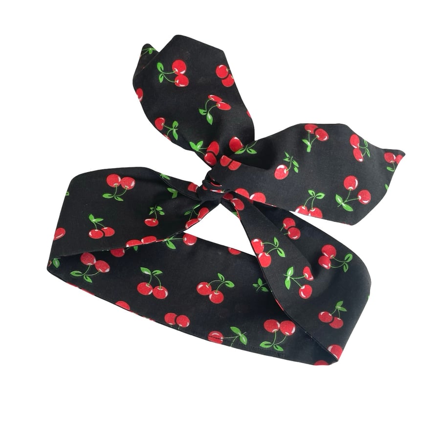 Cherry Print Wired Headband Wide Self-Tie Wire Hair Wrap Retro Rockabilly Hair 