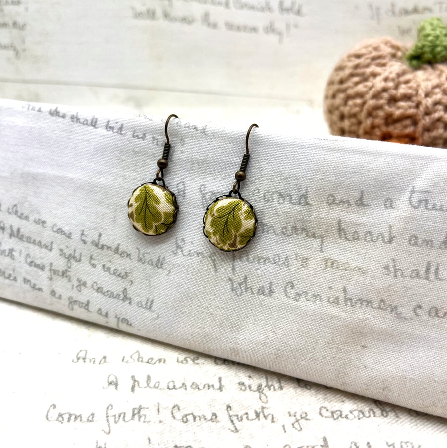 Green Oak leaf small fabric button dangle earrings William Morris nature lover