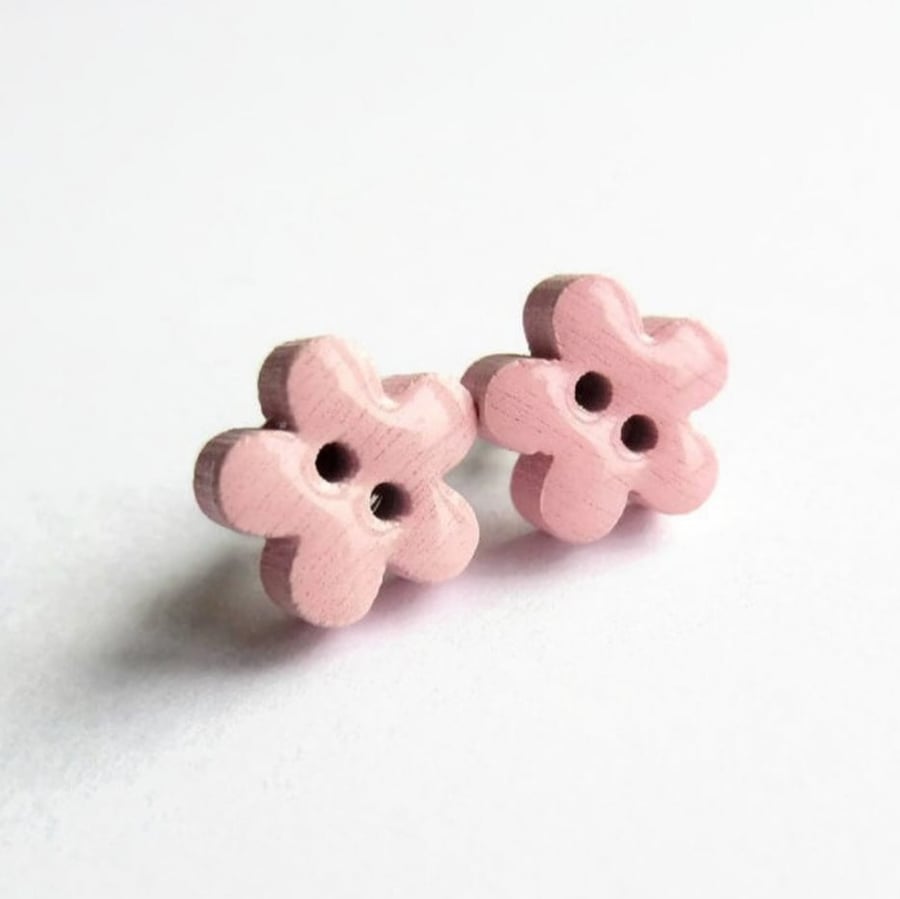 Light Pink Wooden Flower Button Stud Earrings - Hypoallergenic