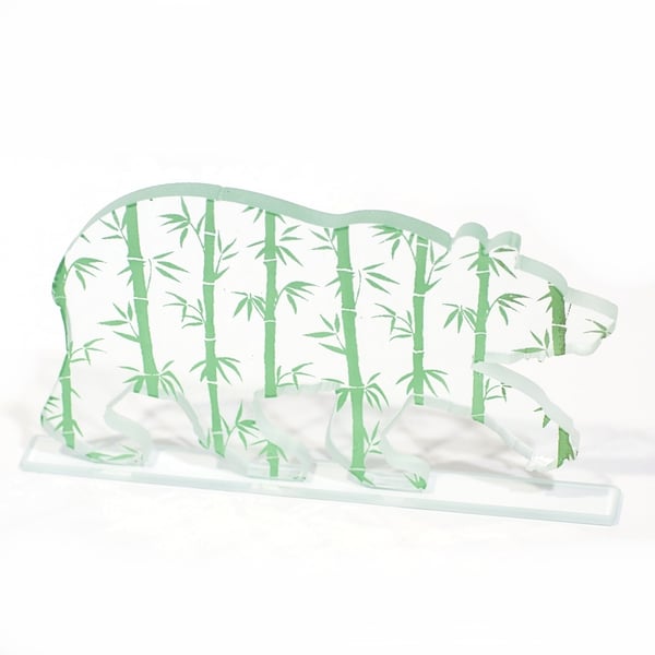 Panda Bear Glass Sculpture with Bamboo Forest Artwork