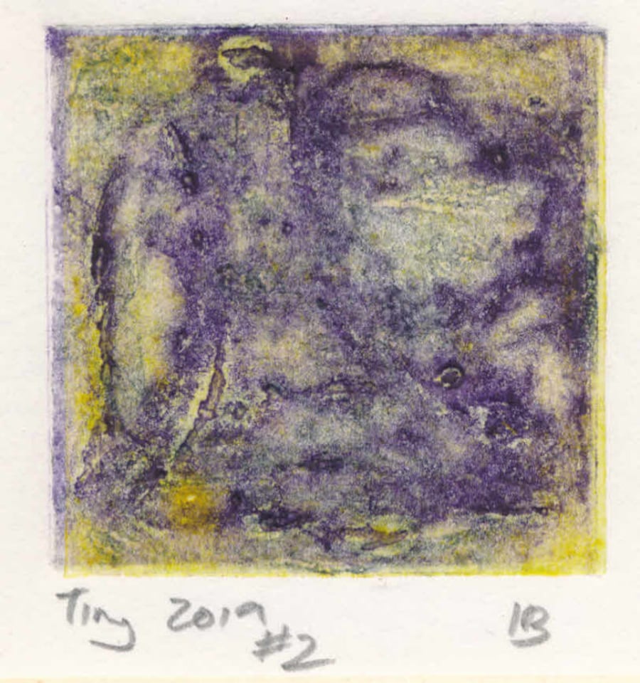 Tiny collagraph print - 2019 series in lemon yellow and violet
