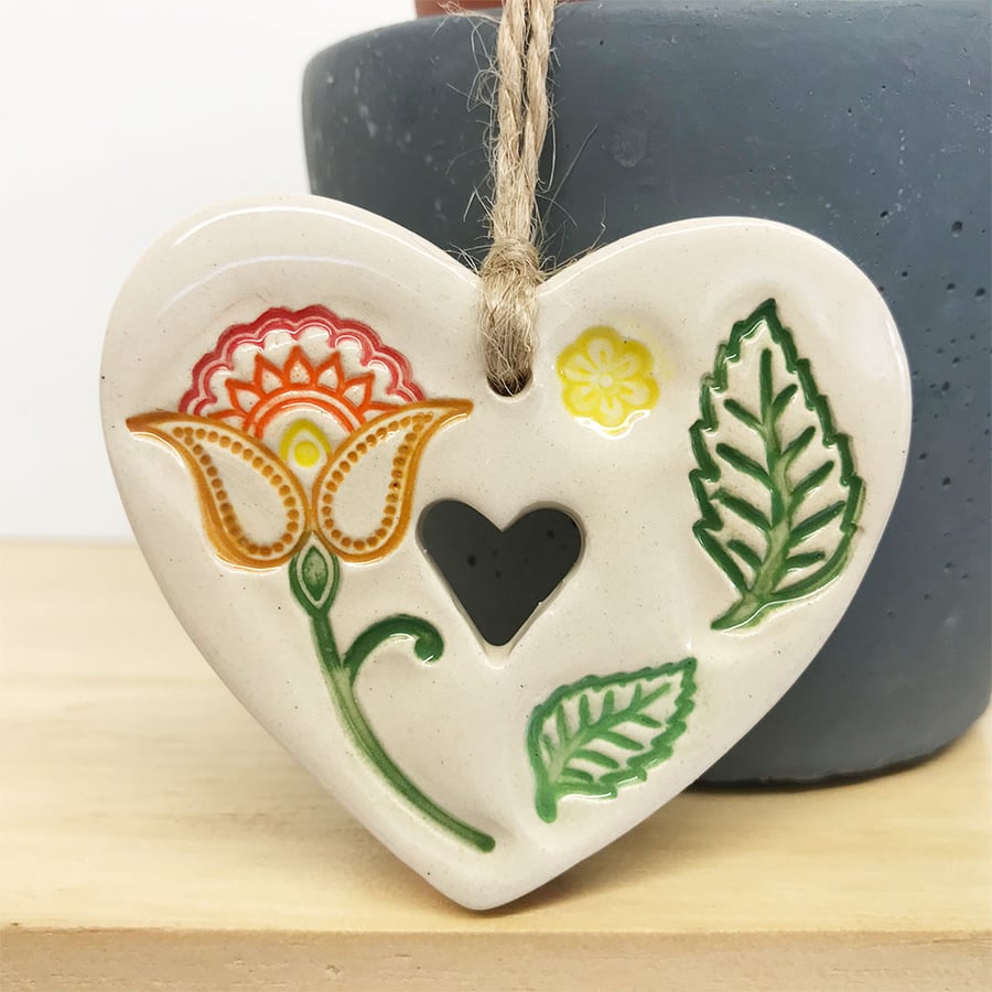 Small Ceramic heart with leaf and flower pattern