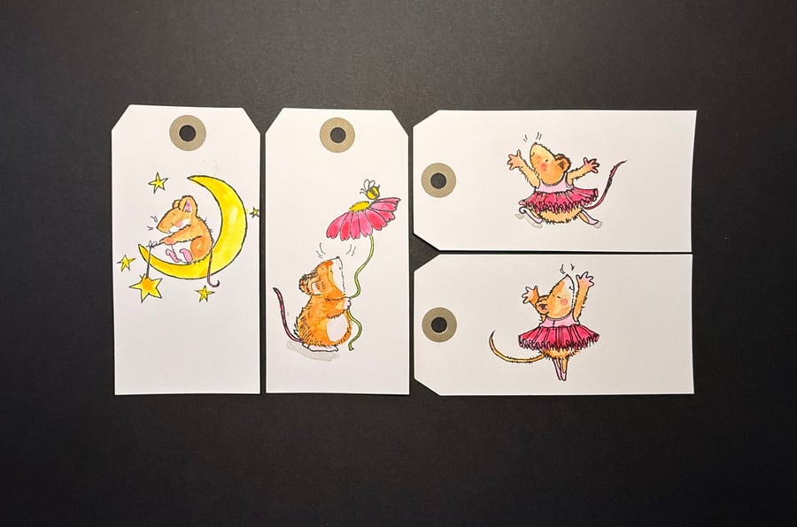 Set of four hand-painted gift labels using Penny Black stamps - Mice