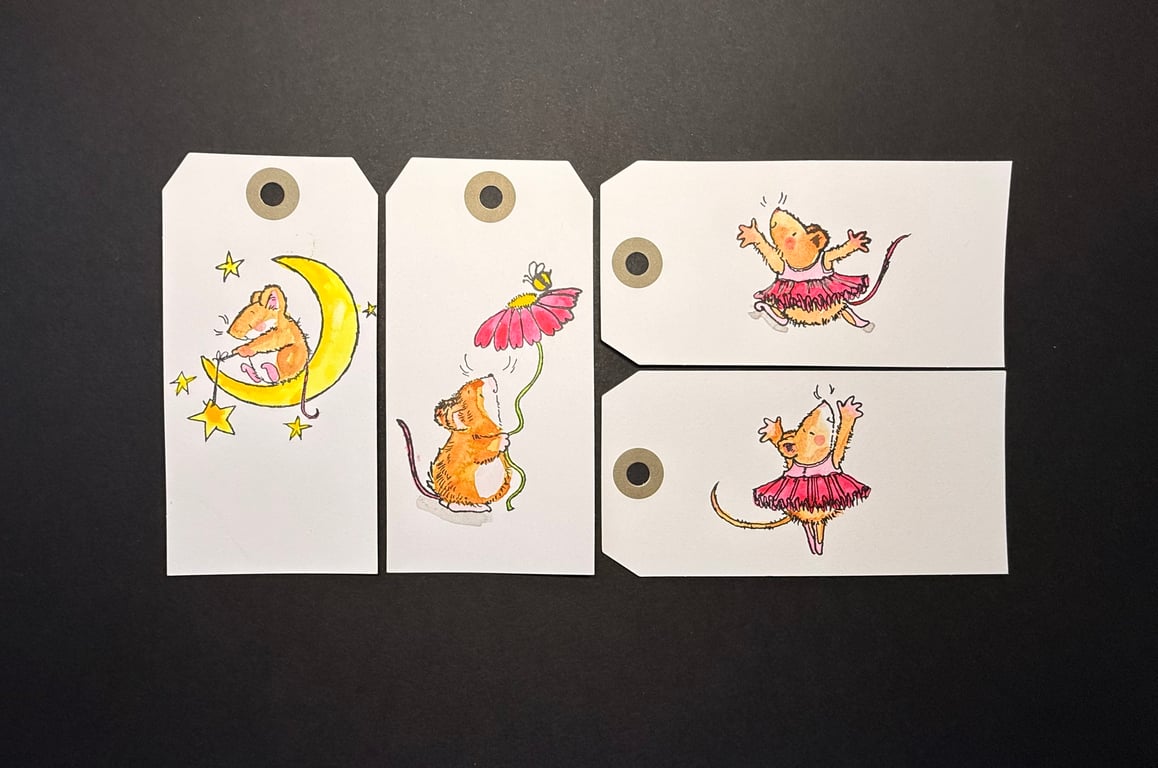Set of four hand-painted gift labels using Penny Black stamps - Mice