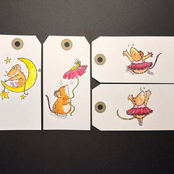 Set of four hand-painted gift labels using Penny Black stamps - Mice