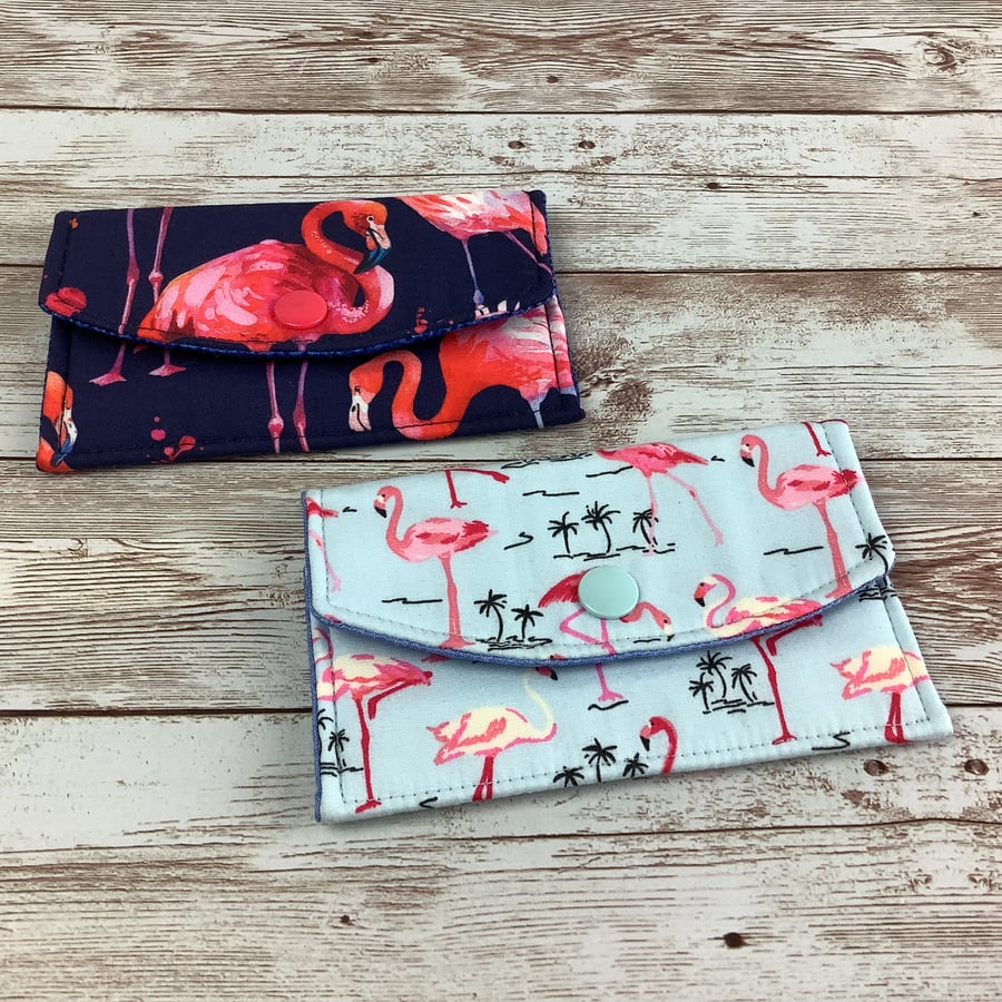 Flamingos Business Card Case, Travel pass holder wallet, Fabric purse, Handmade