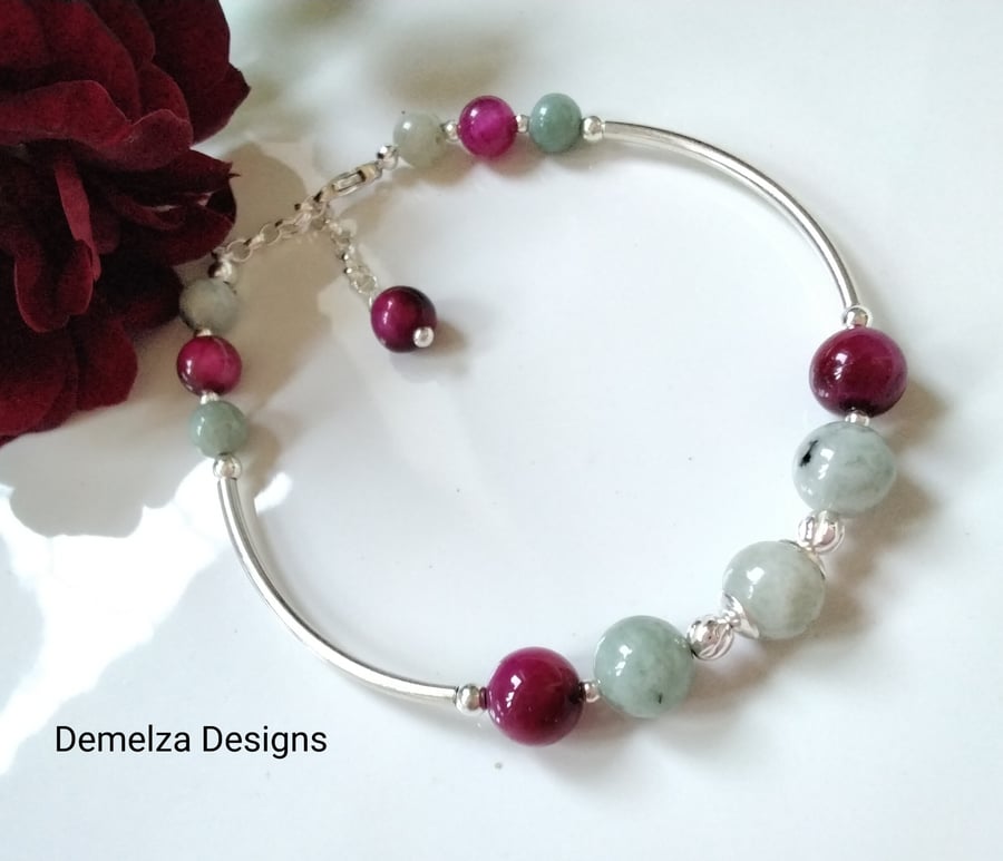  Jadeite & Pink Tigers Eye Sterling Silver Noodle Style Bracelet 