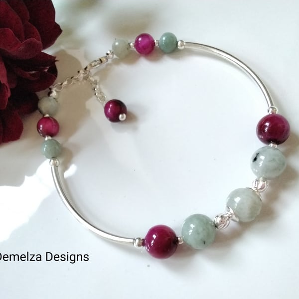  Jadeite & Pink Tigers Eye Sterling Silver Noodle Style Bracelet 