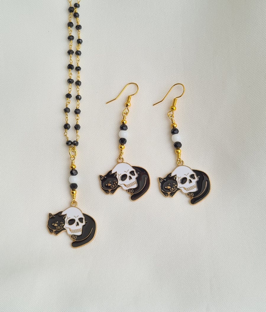 Creepy Cute Cat and Skull Necklace and Earring Set
