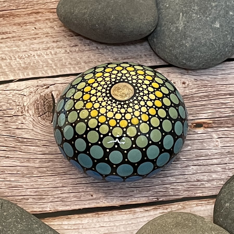 Yellow Green Blue Dot Mandala Sphere Art Stone Hand Painted Acrylic Unique