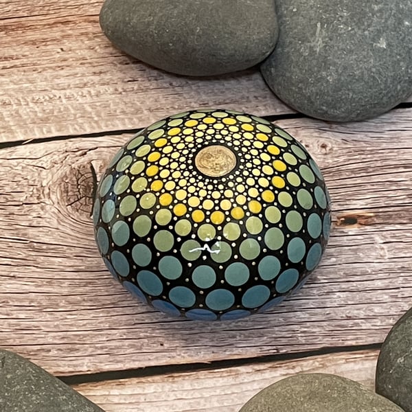 Yellow Green Blue Dot Mandala Sphere Art Stone Hand Painted Acrylic Unique