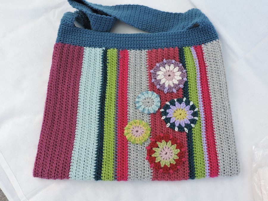 Sale now 7.50  Crochet Tote Bag Stripes and Flowers