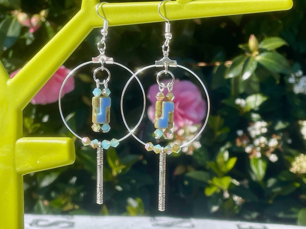 CZECH GLASS HOOPS BOHO creole style silver plate