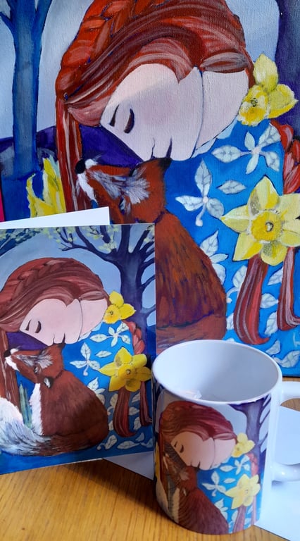 Ceramic Mug and card - Original artwork - 'Fox and Daffodils Day and Night' 