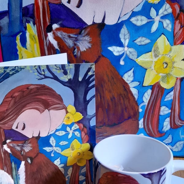 Ceramic Mug and card - Original artwork - 'Fox and Daffodils Day and Night' 