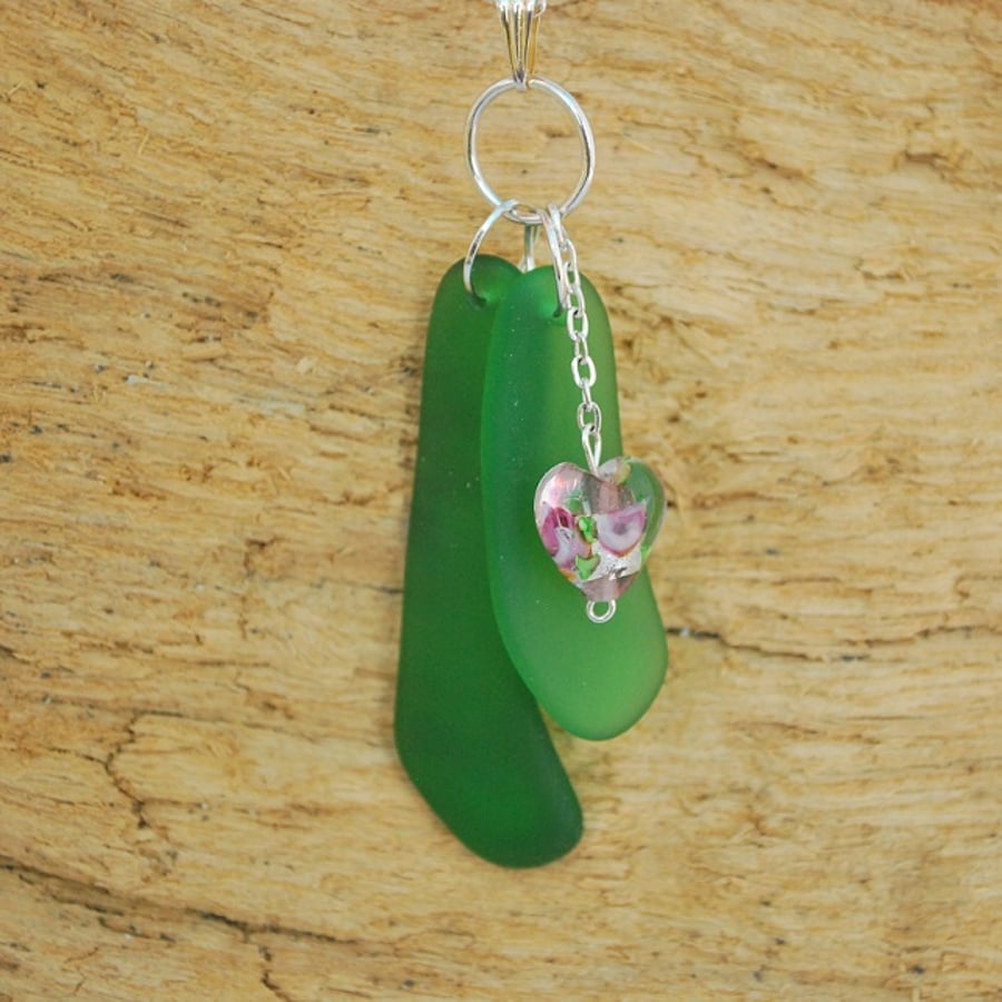 Green beach glass cluster pendant with heart