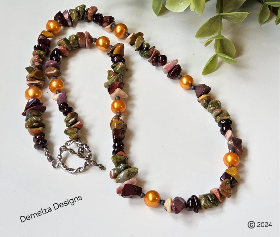 Unikite, Indian Red Garnet, Mookite & Freshwater Pearl Necklace 925 SS