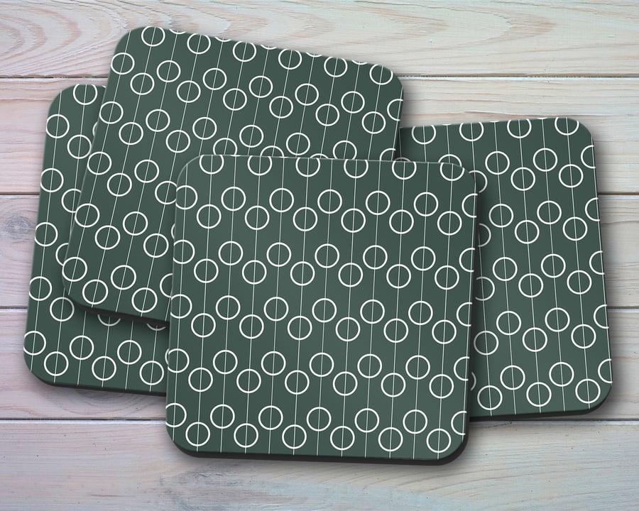 Set of 4 Dark Green with White Retro Design Coasters