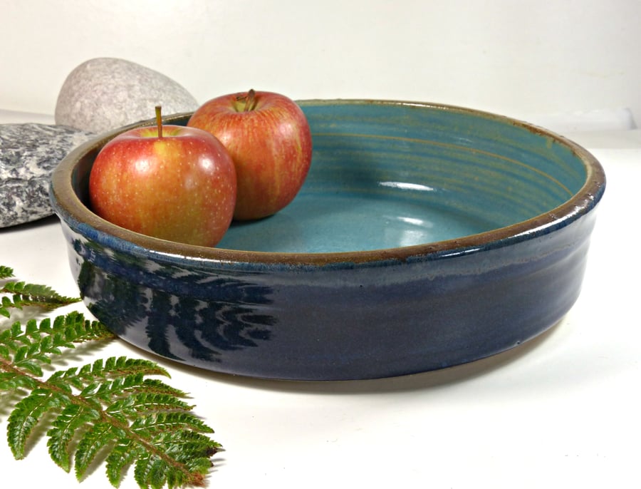 Blue Serving Dish Plate Bowl - Stoneware Green Ceramics Pottery Wheel thrown UK 
