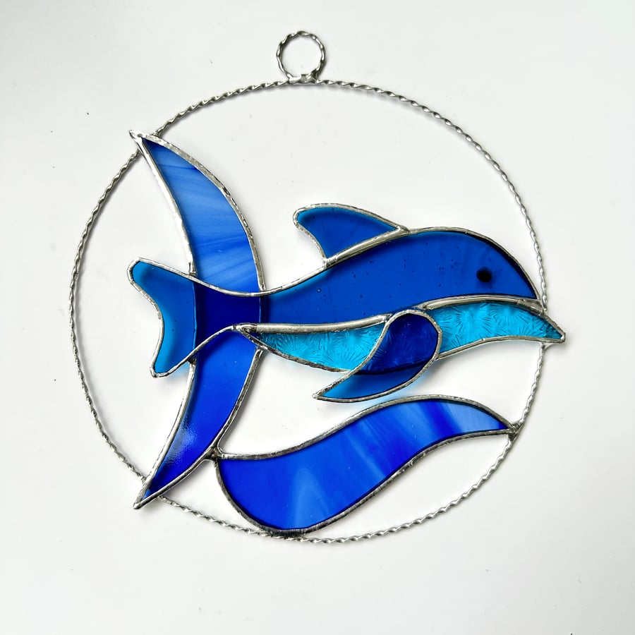 Stained Glass Dolphin Suncatcher - Handmade Window Decoration 