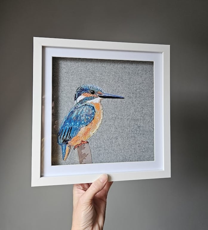 Kingfisher on grey wool - framed original embroidered artwork, fabric applique