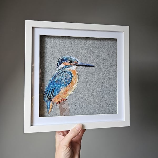 Kingfisher on grey wool - framed original embroidered artwork, fabric applique
